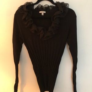Fitted Black Sweater w/ Polyester ruffled neck